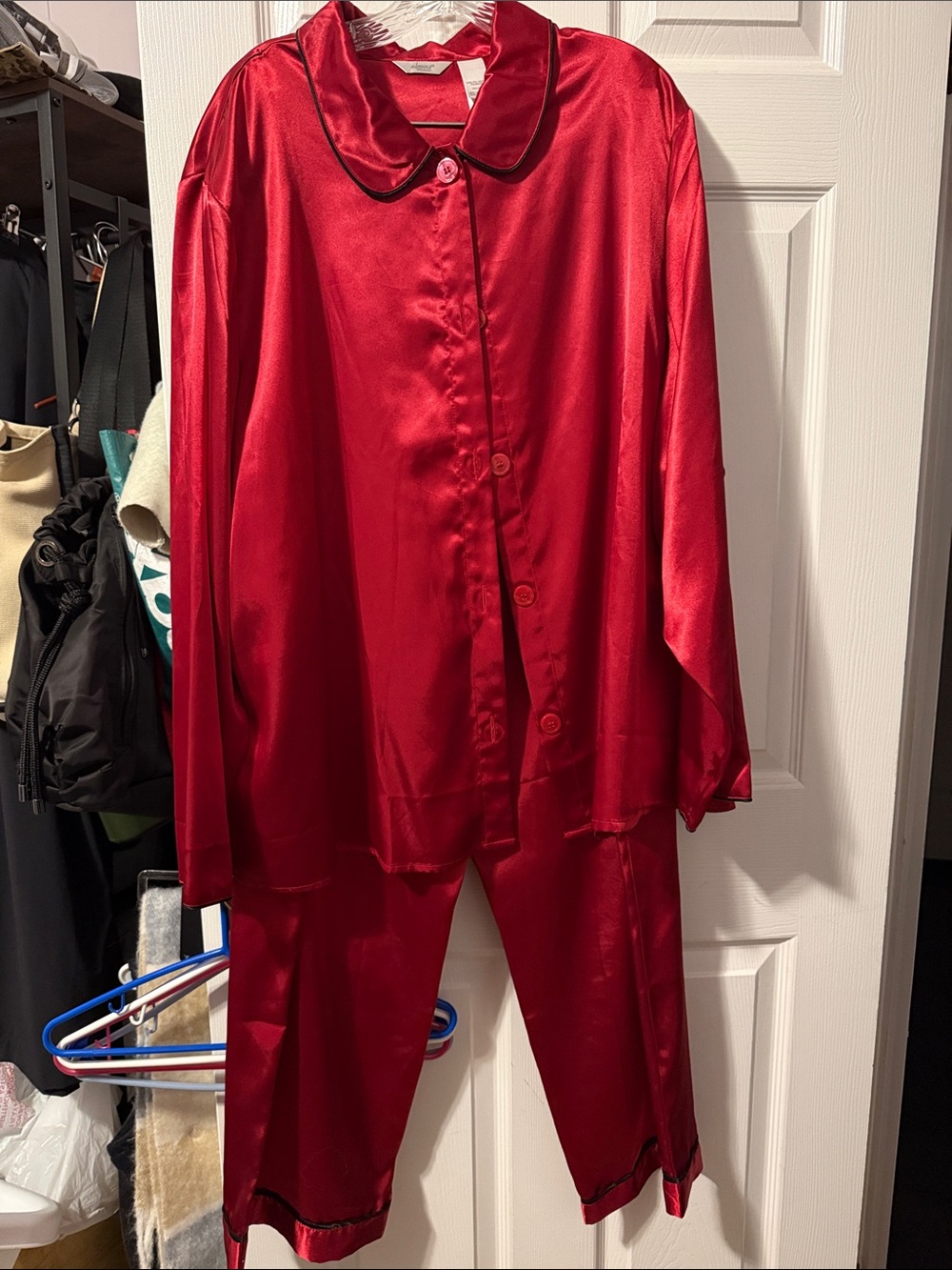 Adonna Red Satin Two-Piece Pajama Set with Black Piping